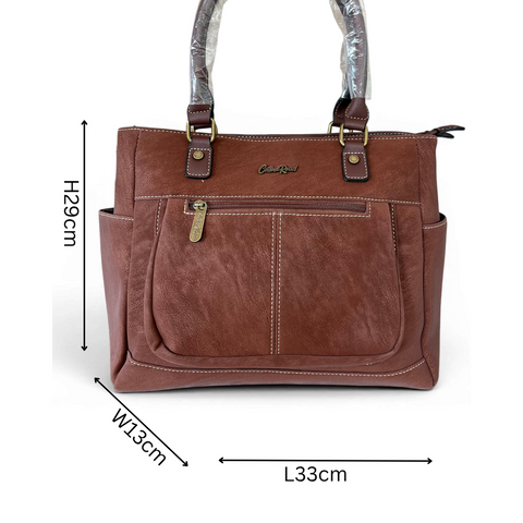 Cotton Road Handbag: Brown PU Leather with Top Stitch and Matching Wallet