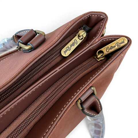 Cotton Road Handbag: Brown PU Leather with Top Stitch and Matching Wallet