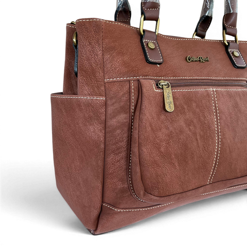 Cotton Road Handbag: Brown PU Leather with Top Stitch and Matching Wallet