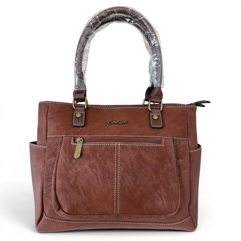 Cotton Road Handbag: Brown PU Leather with Top Stitch and Matching Wallet