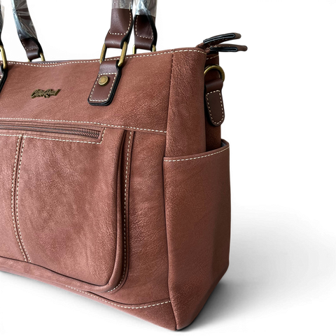 Cotton Road Handbag: Brown PU Leather with Top Stitch and Matching Wallet