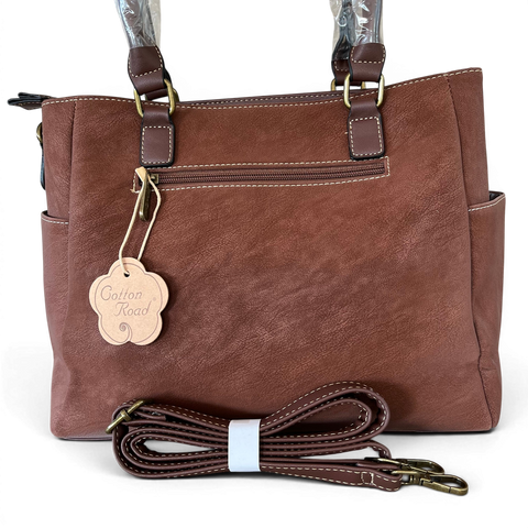 Cotton Road Handbag: Brown PU Leather with Top Stitch and Matching Wallet