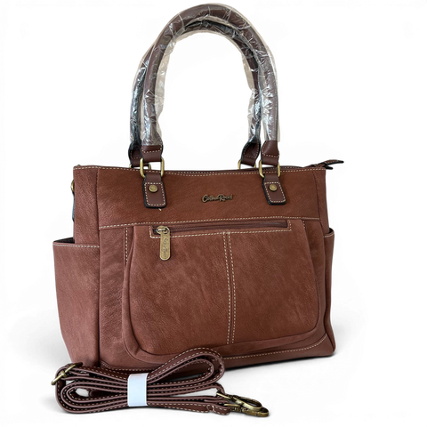 Cotton Road Handbag: Brown PU Leather with Top Stitch and Matching Wallet
