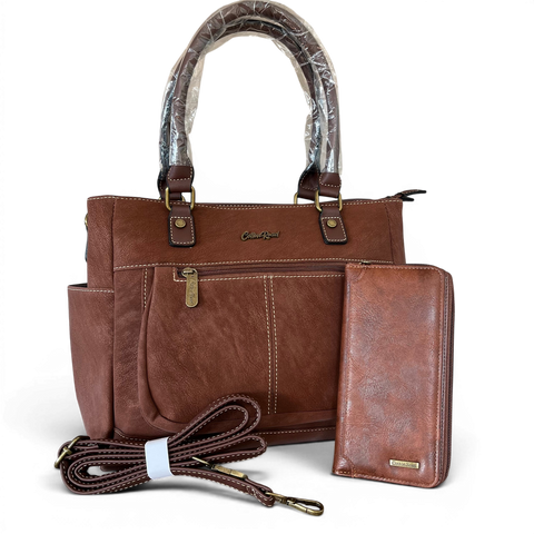 Cotton Road Handbag: Brown PU Leather with Top Stitch and Matching Wallet