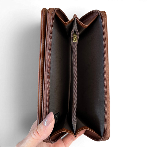 Cotton Road Handbag: Brown PU Leather with Top Stitch and Matching Wallet