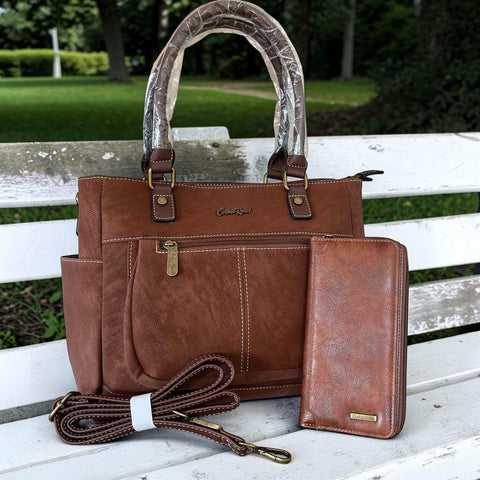 Cotton Road Handbag: Brown PU Leather with Top Stitch and Matching Wallet
