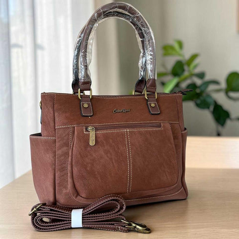 Cotton Road Handbag: Brown PU Leather with Top Stitch