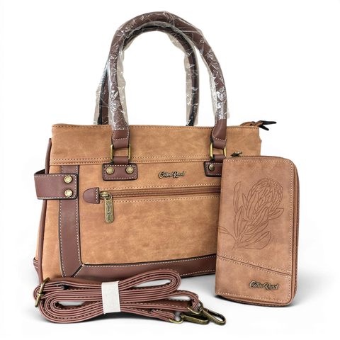 Cotton Road Handbag: CAMEL / BROWN PU Leather with Matching Wallet