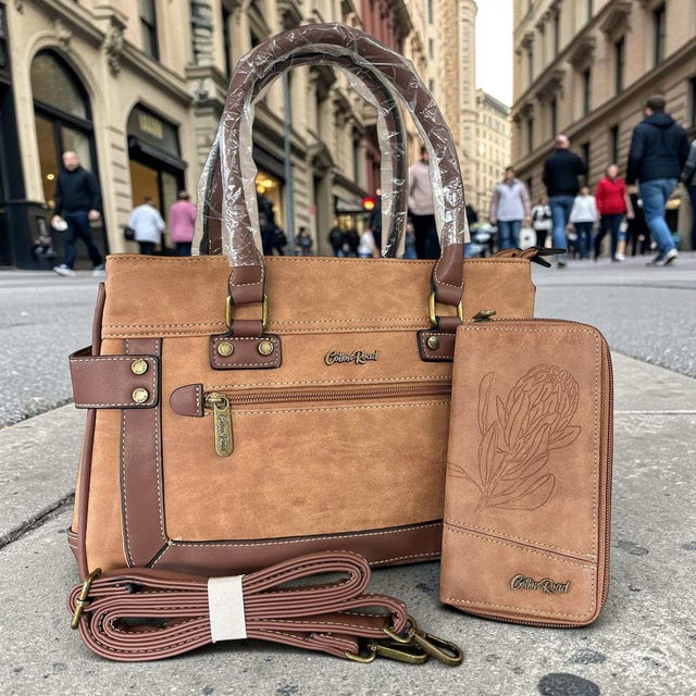 Cotton Road Handbag: CAMEL / BROWN PU Leather with Matching Wallet