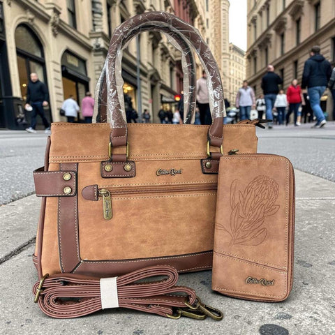 Cotton Road Handbag: CAMEL / BROWN PU Leather with Matching Wallet