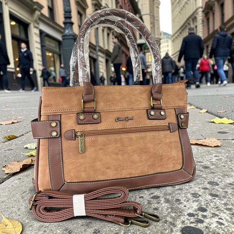 Cotton Road Handbag: CAMEL / BROWN PU Leather with TRIM