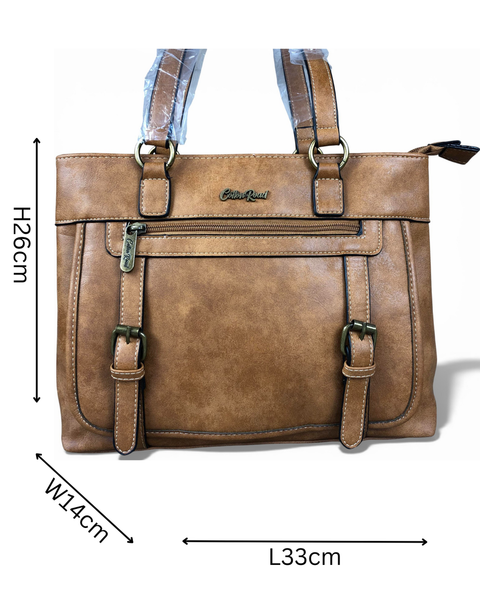 Cotton Road Handbag: CAMEL PU Leather Handbag with Buckle detailing