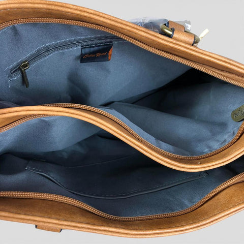 Cotton Road Handbag: CAMEL PU Leather Handbag with Buckle detailing