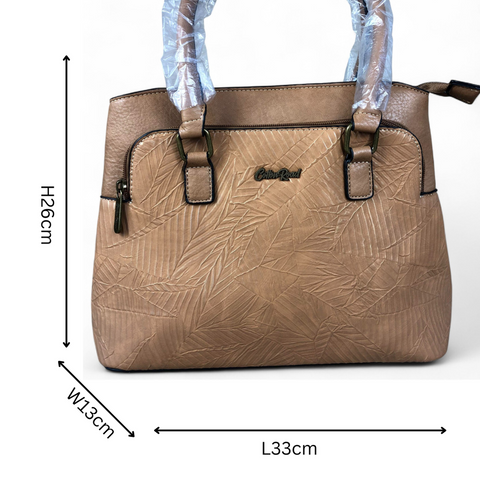Cotton Road Handbag: CAMEL PU Leather Handbag with EMBOSSED Panel