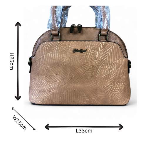 Cotton Road Handbag: CAMEL PU Leather Handbag with EMBOSSED Panel