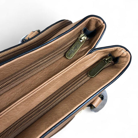 Cotton Road Handbag: CAMEL PU Leather Handbag with EMBOSSED Panel