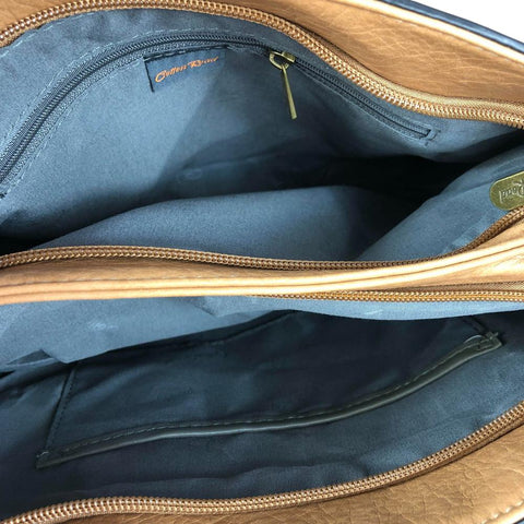 Cotton Road Handbag: CAMEL PU Leather Handbag with EMBOSSED Panel