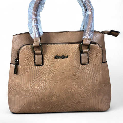Cotton Road Handbag: CAMEL PU Leather Handbag with EMBOSSED Panel