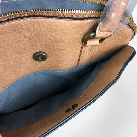 Cotton Road Handbag: CAMEL PU Leather Handbag with EMBOSSED Panel