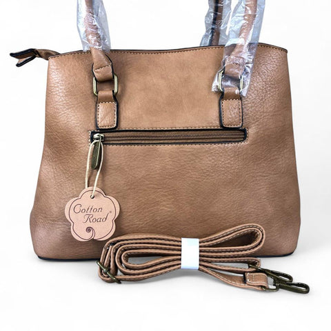 Cotton Road Handbag: CAMEL PU Leather Handbag with EMBOSSED Panel
