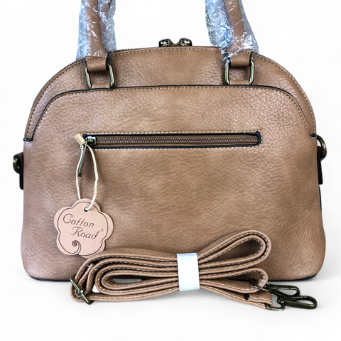 Cotton Road Handbag: CAMEL PU Leather Handbag with EMBOSSED Panel