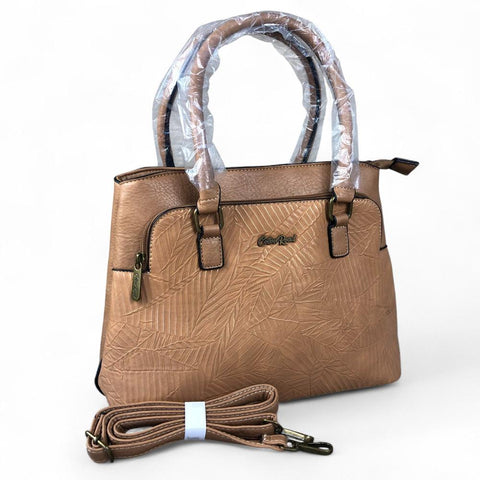 Cotton Road Handbag: CAMEL PU Leather Handbag with EMBOSSED Panel
