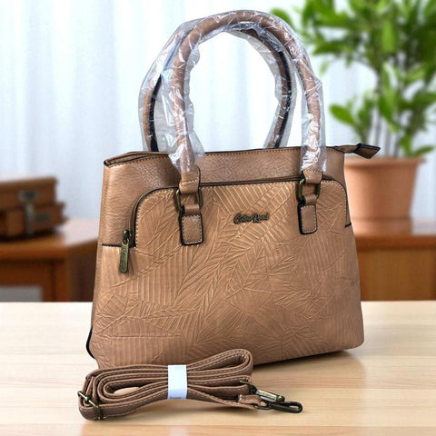 Cotton Road Handbag: CAMEL PU Leather Handbag with EMBOSSED Panel