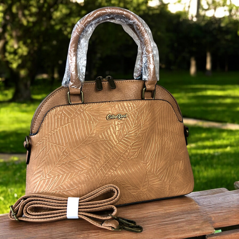 Cotton Road Handbag: CAMEL PU Leather Handbag with EMBOSSED Panel