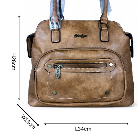Cotton Road Handbag: CAMEL PU Leather Handbag with ZIP Pockets