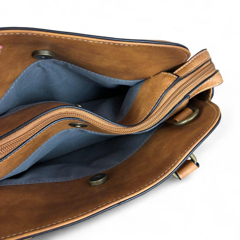 Cotton Road Handbag: CAMEL PU Leather Handbag with ZIP Pockets