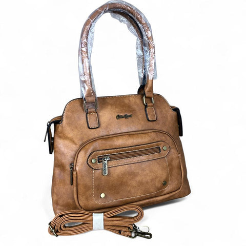 Cotton Road Handbag: CAMEL PU Leather Handbag with ZIP Pockets