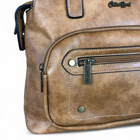 Cotton Road Handbag: CAMEL PU Leather Handbag with ZIP Pockets