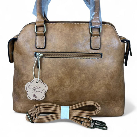 Cotton Road Handbag: CAMEL PU Leather Handbag with ZIP Pockets