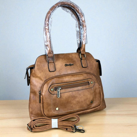 Cotton Road Handbag: CAMEL PU Leather Handbag with ZIP Pockets