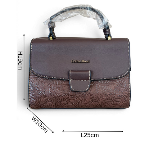 Cotton Road Handbag: COFFEE BROWN PU Leather with EMBOSSED Panel
