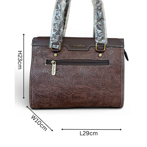 Cotton Road handbag and matching wallet in coffee brown embossed PU leather with antique brass hardware and multiple compartments