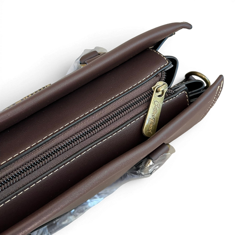 Cotton Road coffee brown embossed PU leather handbag and matching wallet set with antique brass hardware and multiple compartments