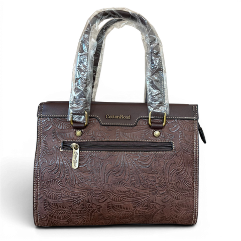 Cotton Road Coffee Brown embossed PU leather handbag and matching wallet set with antique brass hardware and multiple compartments