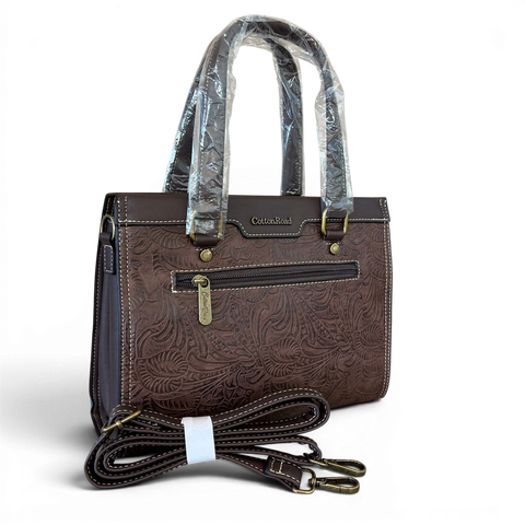 Cotton Road coffee brown embossed PU leather handbag and matching wallet set with antique brass hardware and multiple compartments