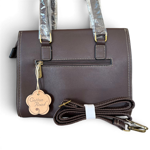 Cotton Road Handbag coffee brown embossed PU leather handbag with matching wallet set featuring antique brass hardware and multiple compartments