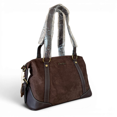 Cotton Road Handbag: COFFEE BROWN SUEDE-Look PU Leather with Buckle Detailing