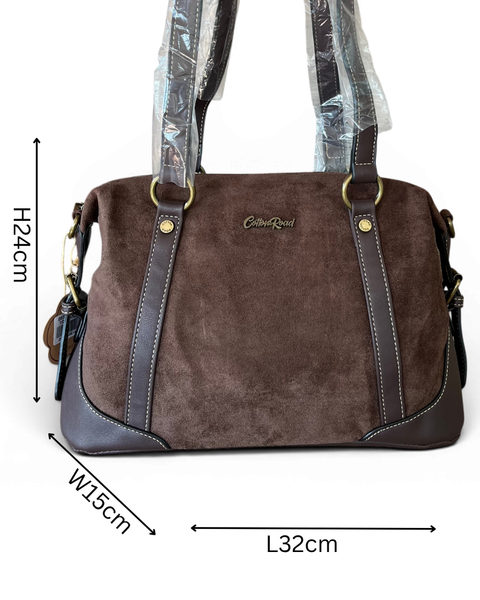 Cotton Road Handbag: COFFEE BROWN SUEDE-Look PU Leather with Buckle Detailing