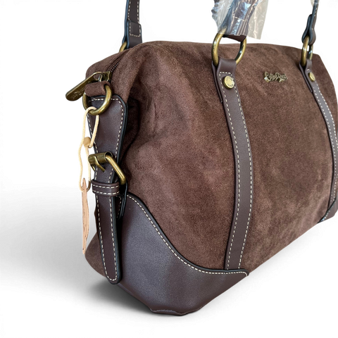 Cotton Road Handbag: COFFEE BROWN SUEDE-Look PU Leather with Buckle Detailing