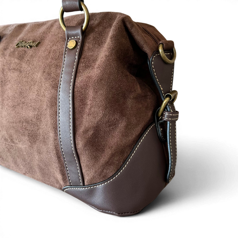 Cotton Road Handbag: COFFEE BROWN SUEDE-Look PU Leather with Buckle Detailing