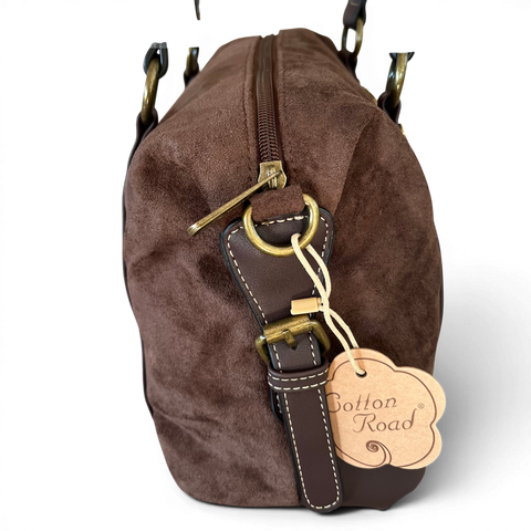 Cotton Road Handbag: COFFEE BROWN SUEDE-Look PU Leather with Buckle Detailing