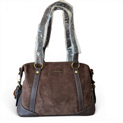 Cotton Road Handbag: COFFEE BROWN SUEDE-Look PU Leather with Buckle Detailing