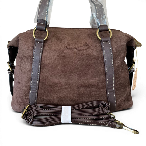 Cotton Road Handbag: COFFEE BROWN SUEDE-Look PU Leather with Buckle Detailing