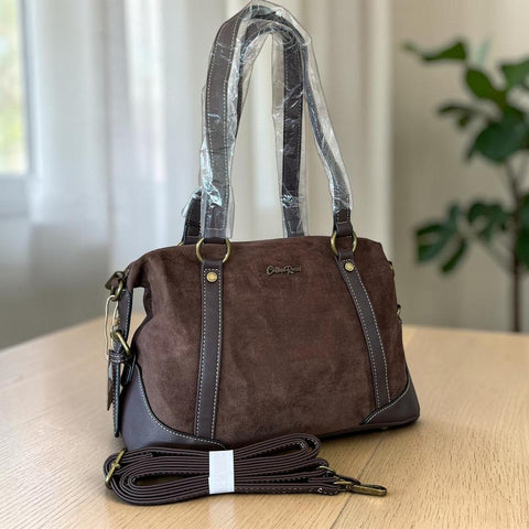 Cotton Road Handbag: COFFEE BROWN SUEDE-Look PU Leather with Buckle Detailing