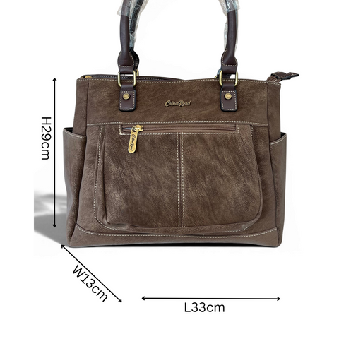 Cotton Road Handbag: Coffee PU Leather with Top Stitch and Matching Wallet