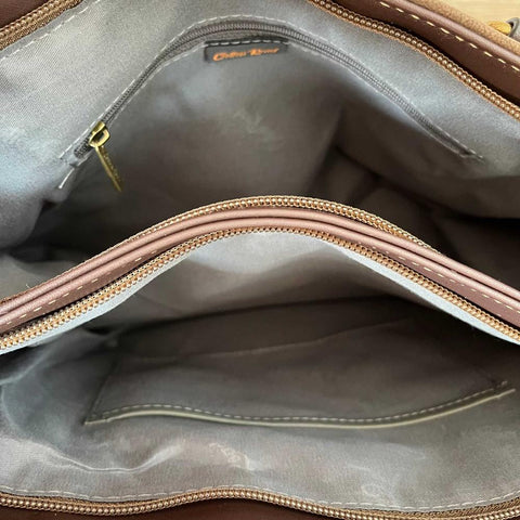 Cotton Road Handbag: Coffee PU Leather with Top Stitch and Matching Wallet